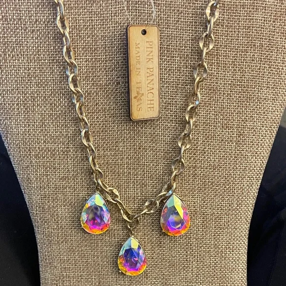 Pink Panache Iridescent Teardrop Necklace with Antique Gold Chain - Picture 2 of 3